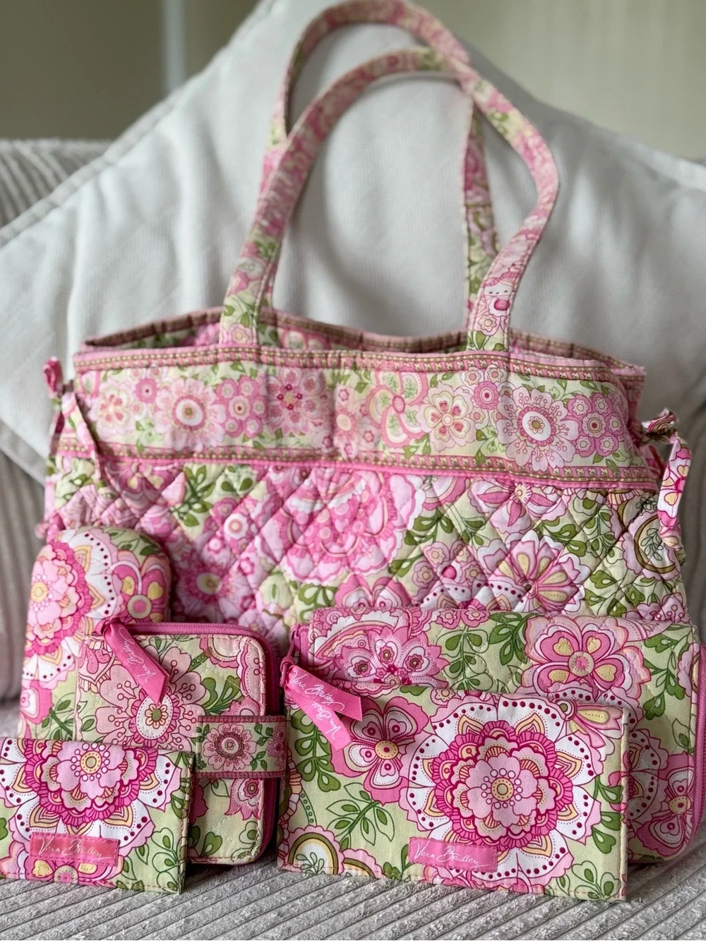 Rare Vintage Vera Bradley Pink Petal Tote Bag & Accessory Set Quilted Florals